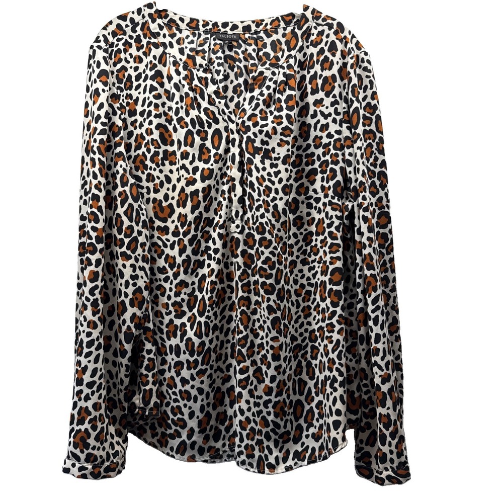 Talbots Women's Popover Top Size XL Brown Black Animal Print Long Sleeve Pleated